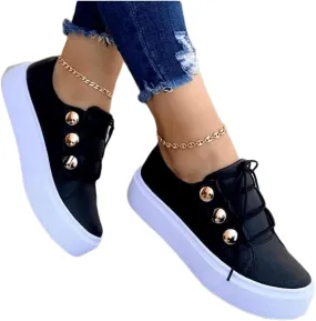 Ladmiple Sneakers For Women Slip On Wide Width Fashion Leather Walking Shoes Casual Summer Lace Up Platform Flats Loafer