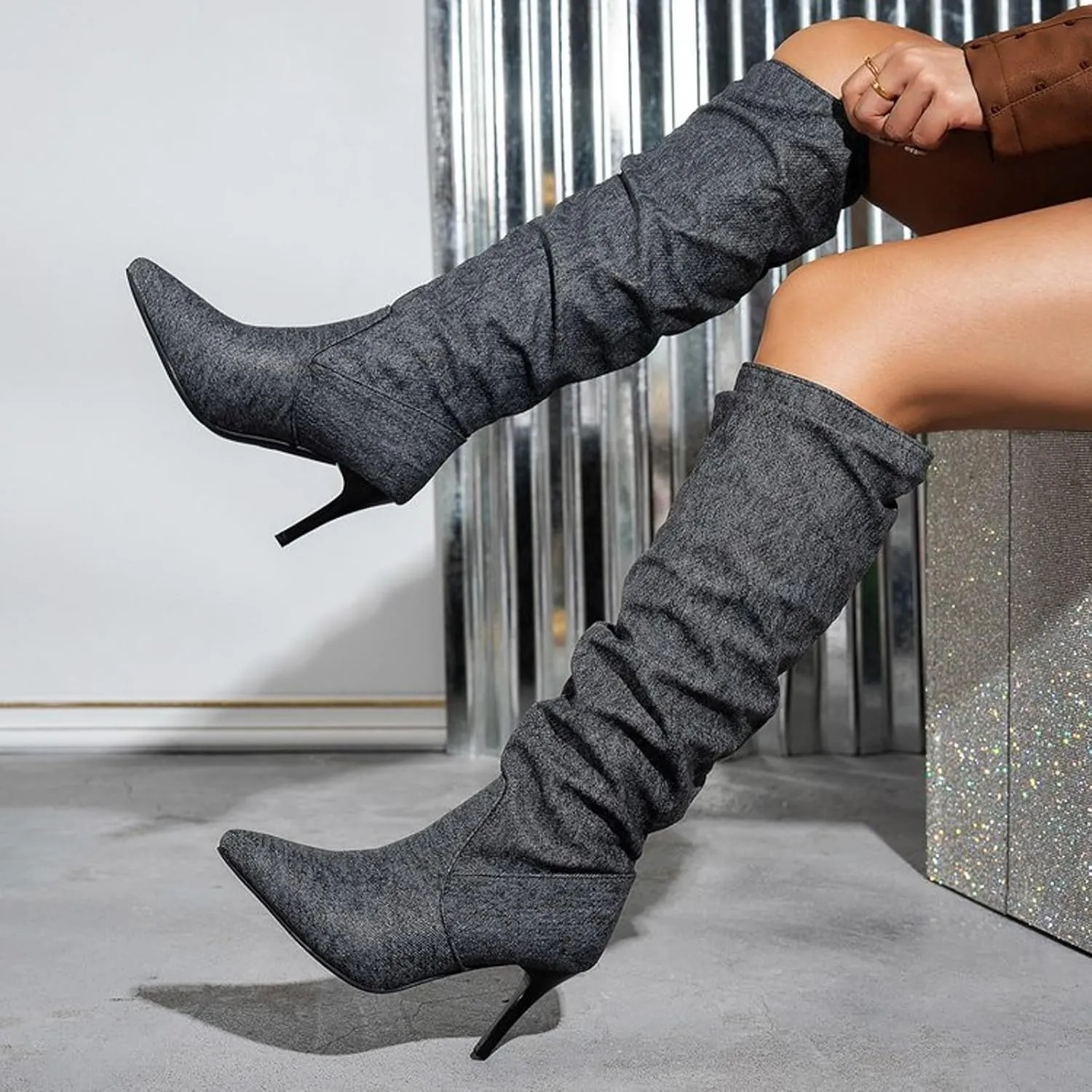 Mid Calf Boots Fashionable Versatile Solid Classic Boots High Heel Pointed Toe Vintage Fall Boots Women Leather