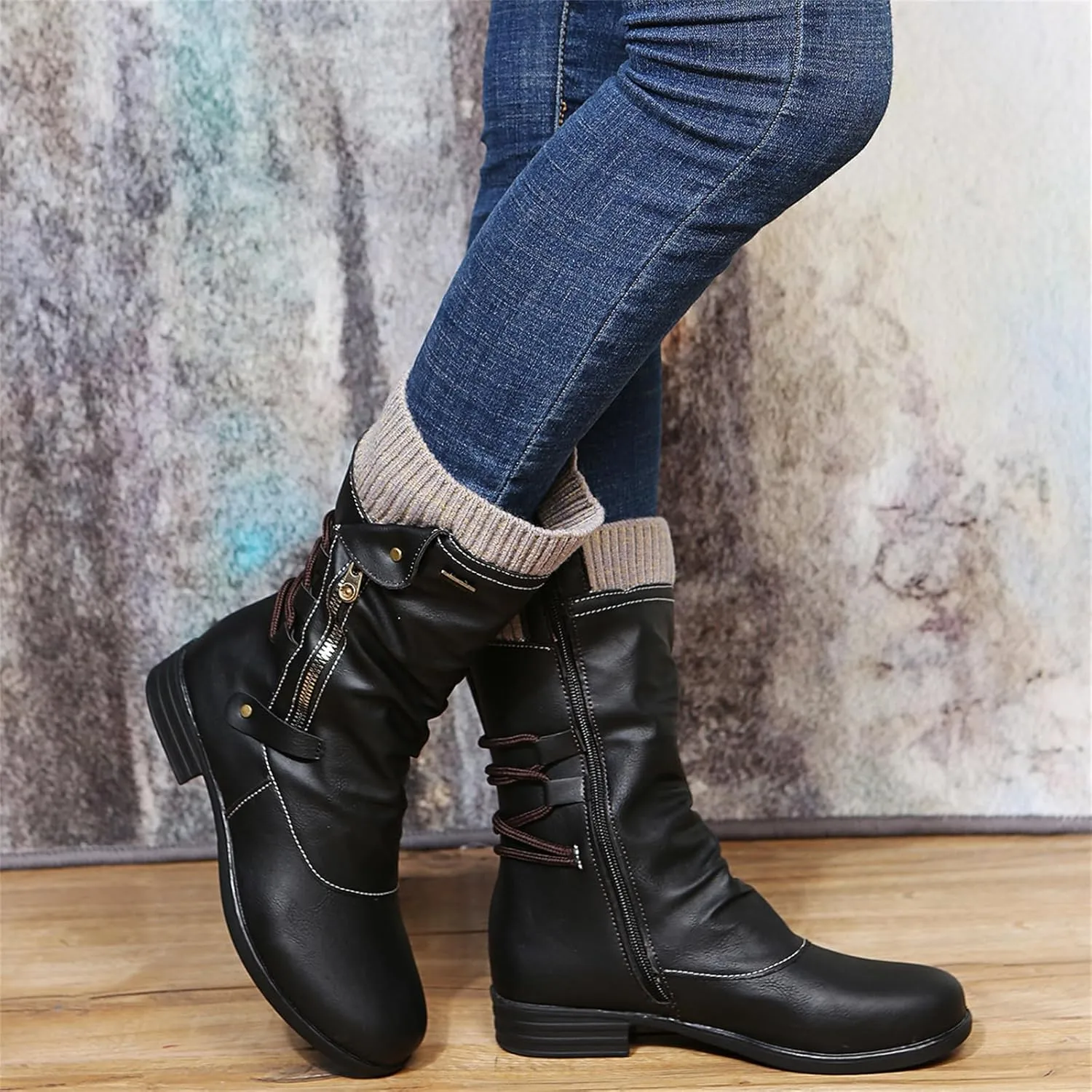 Motorcycle Boots Women Riding Ankle Bootie Side Zipper Mid Calf Low Heel Winter Military Combat Western Biker Boots