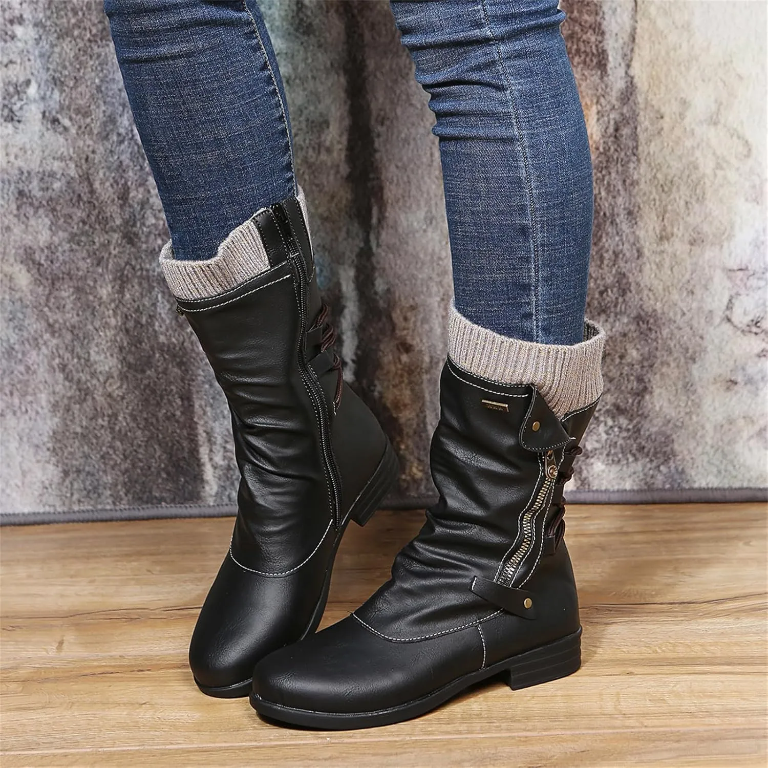 Motorcycle Boots Women Riding Ankle Bootie Side Zipper Mid Calf Low Heel Winter Military Combat Western Biker Boots