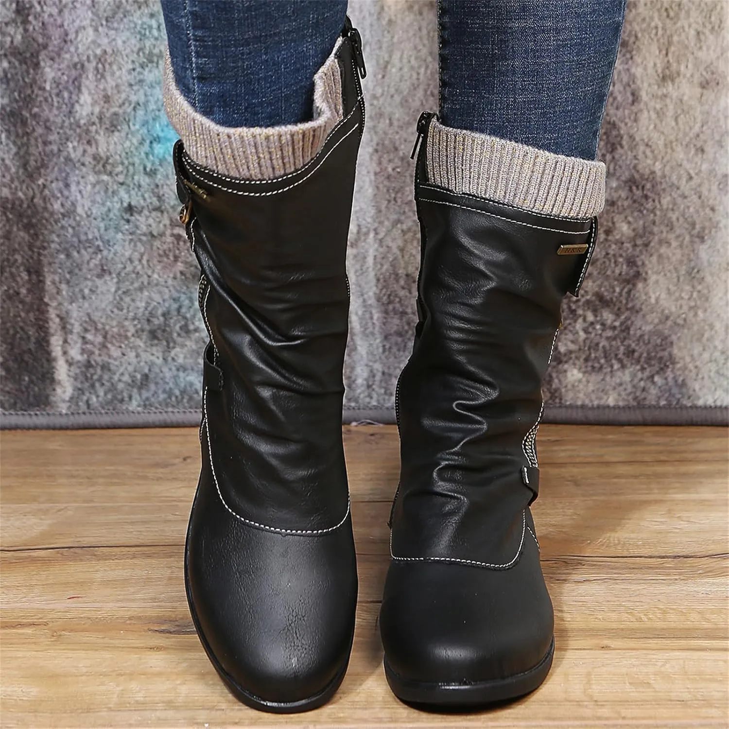 Motorcycle Boots Women Riding Ankle Bootie Side Zipper Mid Calf Low Heel Winter Military Combat Western Biker Boots
