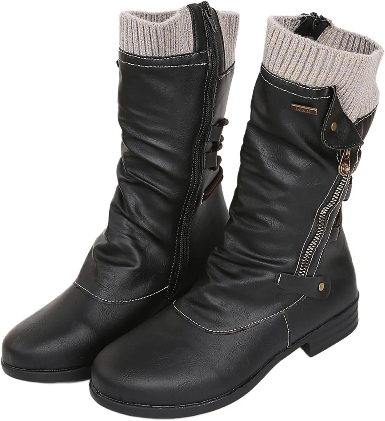 Motorcycle Boots Women Riding Ankle Bootie Side Zipper Mid Calf Low Heel Winter Military Combat Western Biker Boots