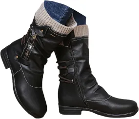 Motorcycle Boots Women Riding Ankle Bootie Side Zipper Mid Calf Low Heel Winter Military Combat Western Biker Boots