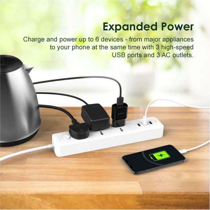 oraimo PowerHub 3 AC Outlets 3 USB Ports UK Power Strip