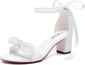 Pearl Heels Bridal Shoes Wedding Shoes for Bride Block Heel Wedding Sandals Wedding Heels with Bow