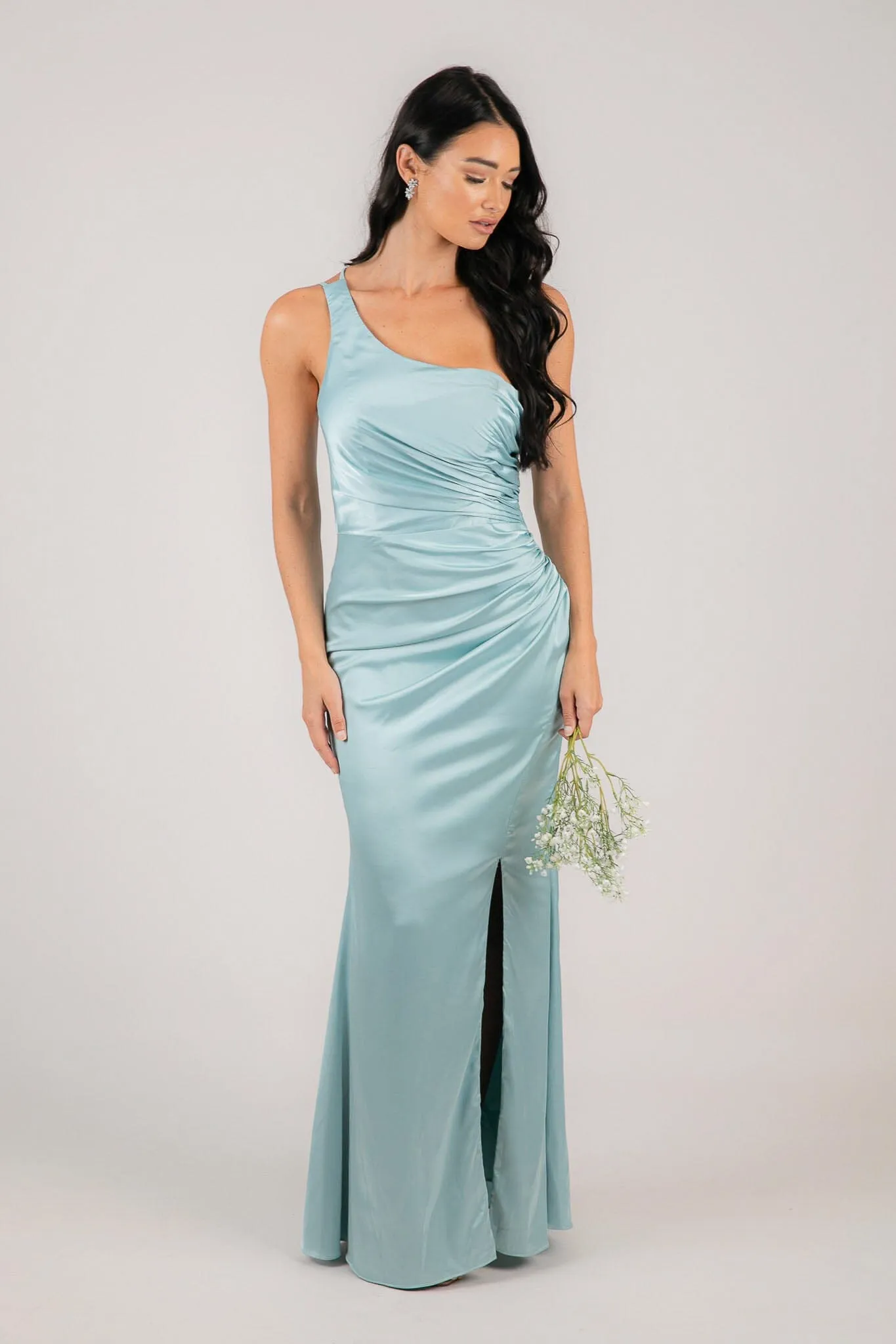 SELENE One Shoulder Satin Maxi Dress - Ice Blue