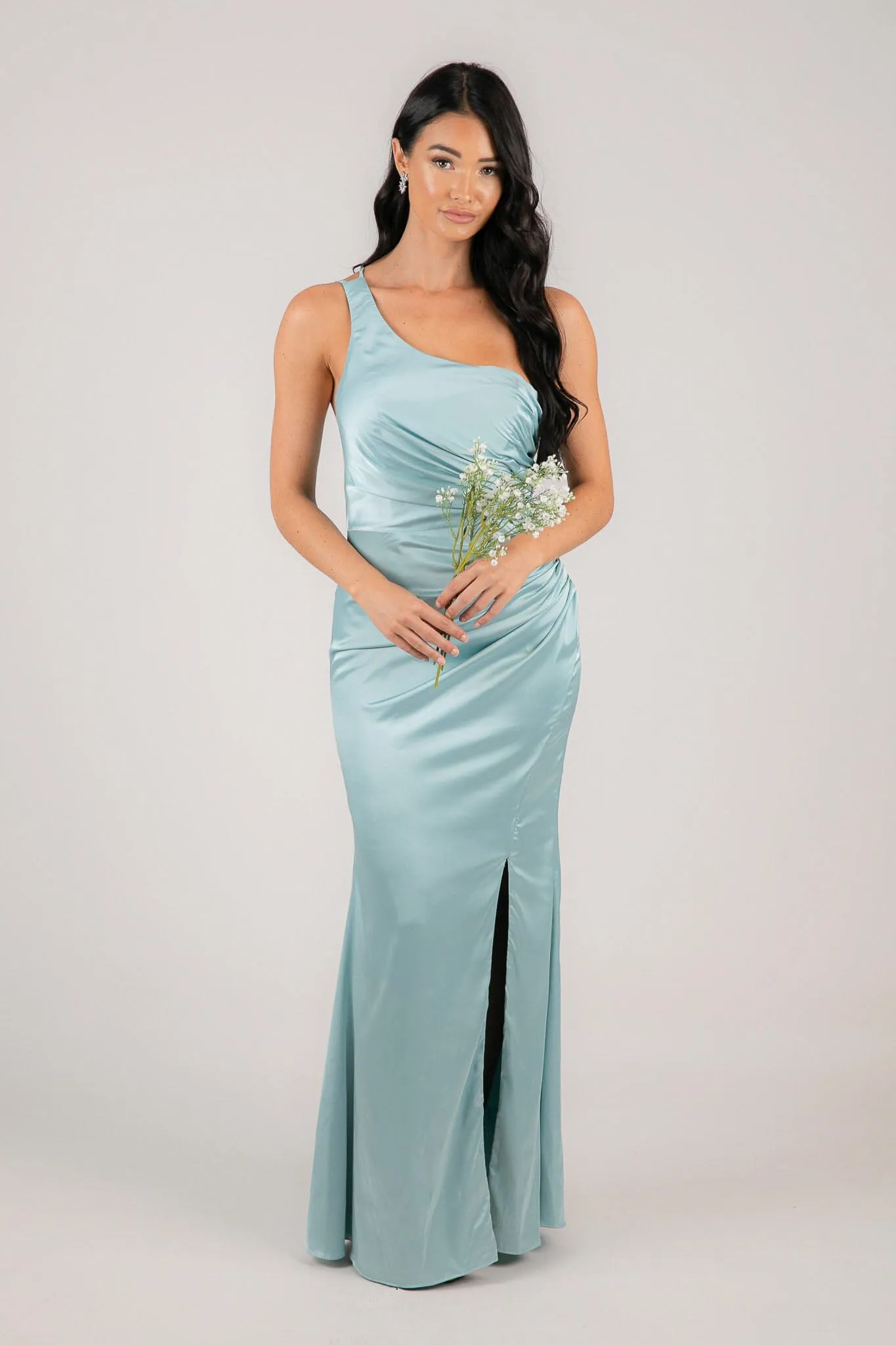 SELENE One Shoulder Satin Maxi Dress - Ice Blue
