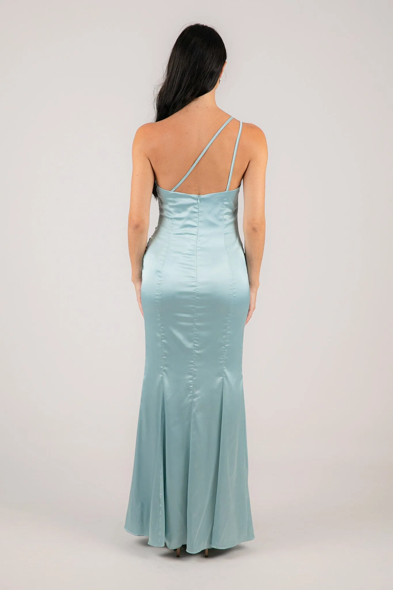 SELENE One Shoulder Satin Maxi Dress - Ice Blue