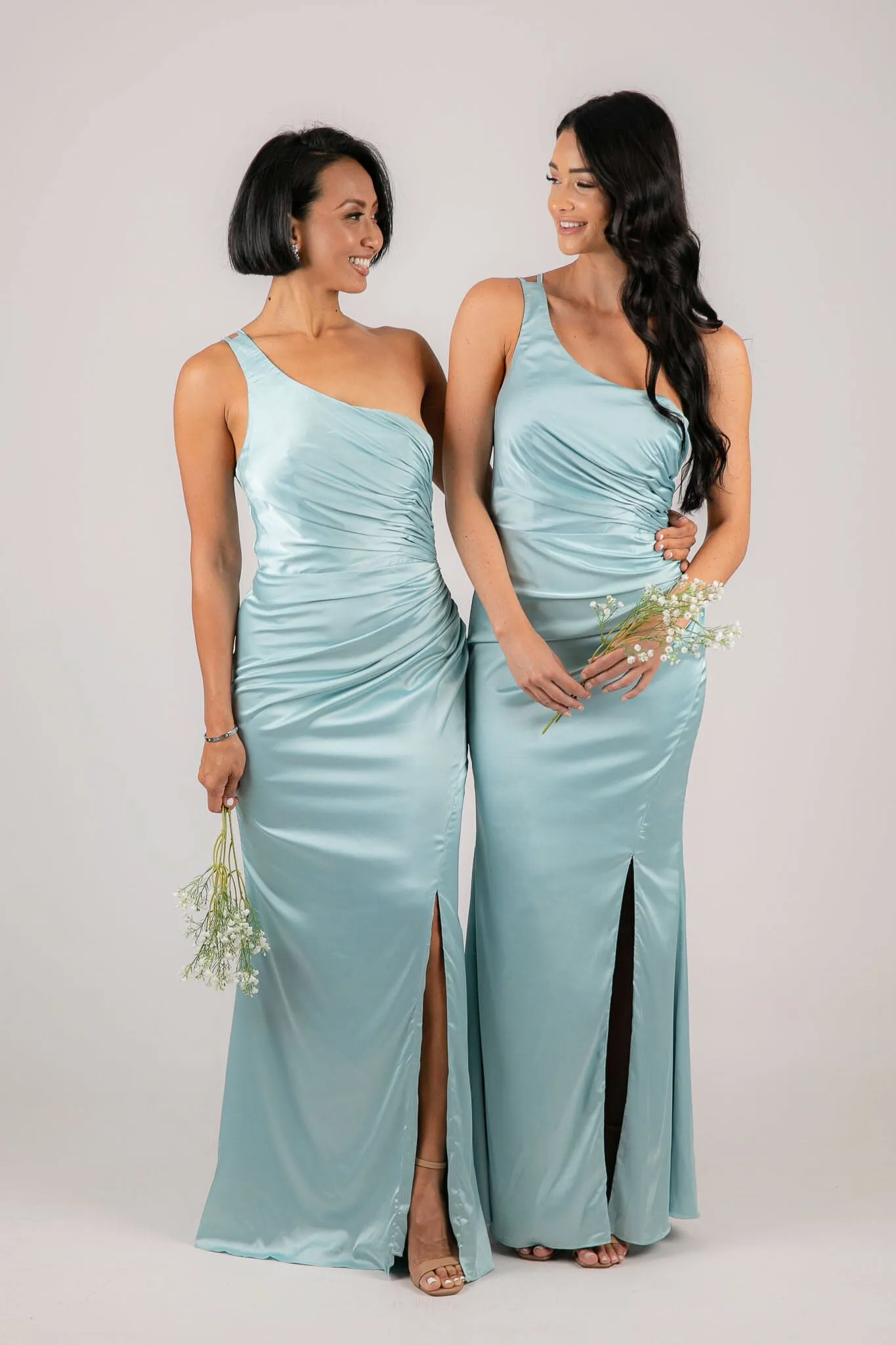 SELENE One Shoulder Satin Maxi Dress - Ice Blue