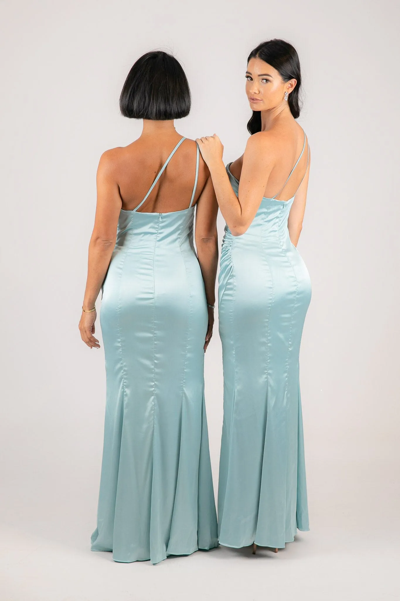SELENE One Shoulder Satin Maxi Dress - Ice Blue