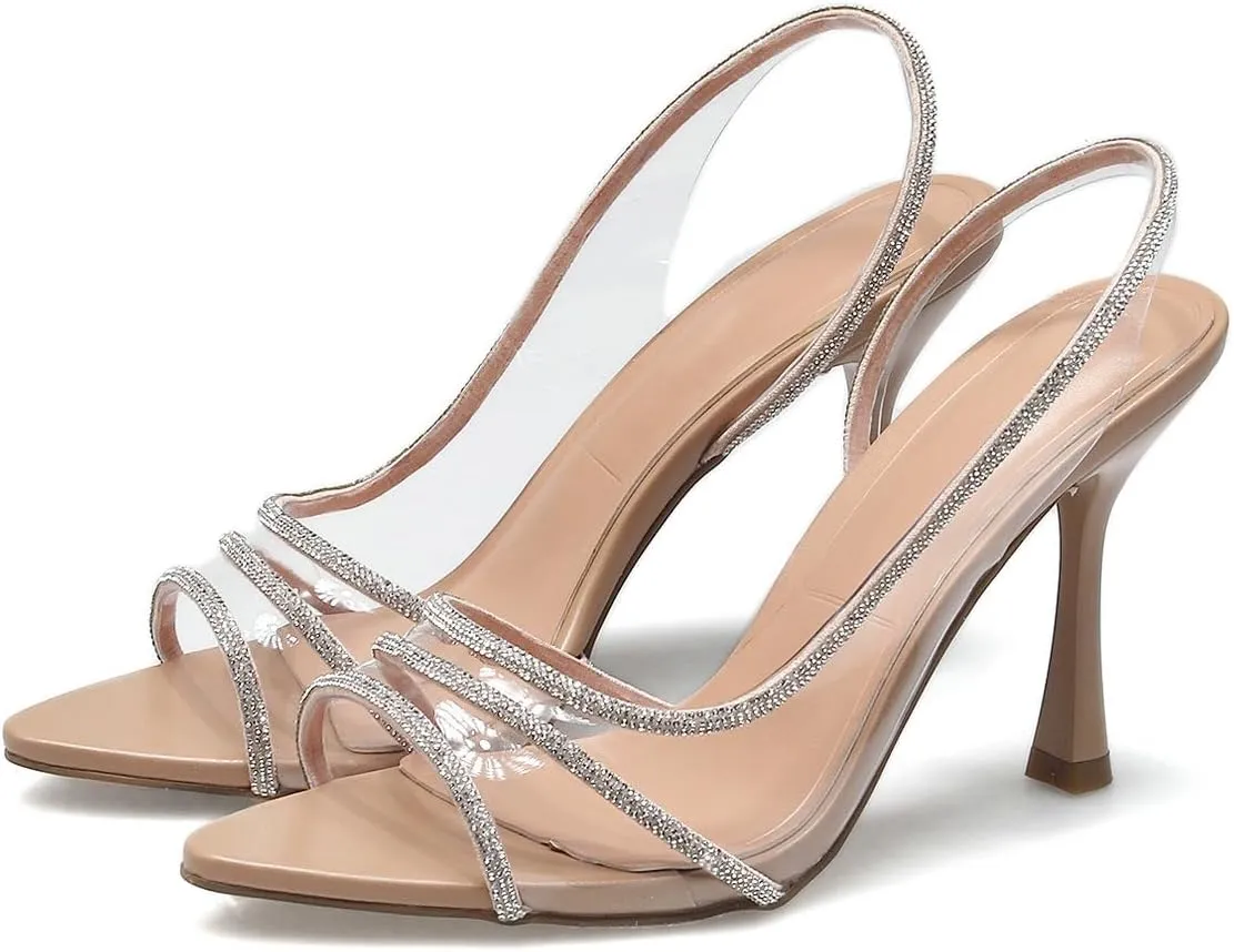Trendenzy Womens Pointed Toe Slingback Heels Sparkly Rhinestone Clear Sandals Stiletto High Heels Pumps Dress Shoes