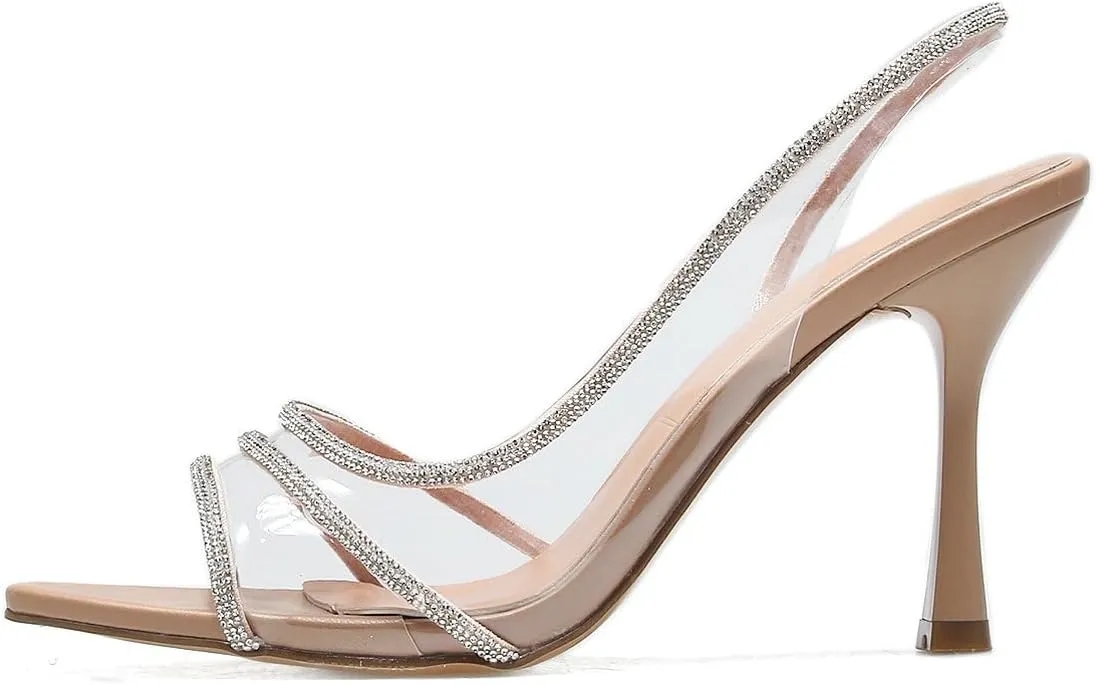 Trendenzy Womens Pointed Toe Slingback Heels Sparkly Rhinestone Clear Sandals Stiletto High Heels Pumps Dress Shoes