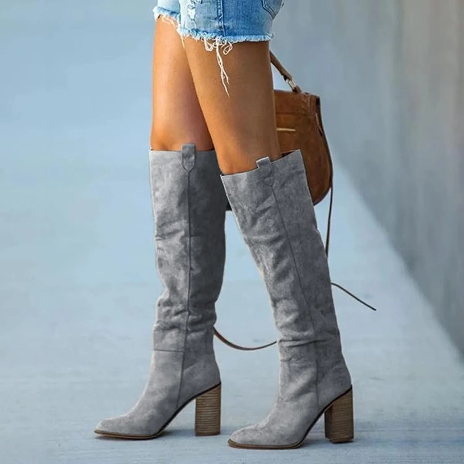 White Cowgirl Boots High Chunky Heeled Knee High Boots Pull On Pointed Suede Thigh High Boots Long Bootie