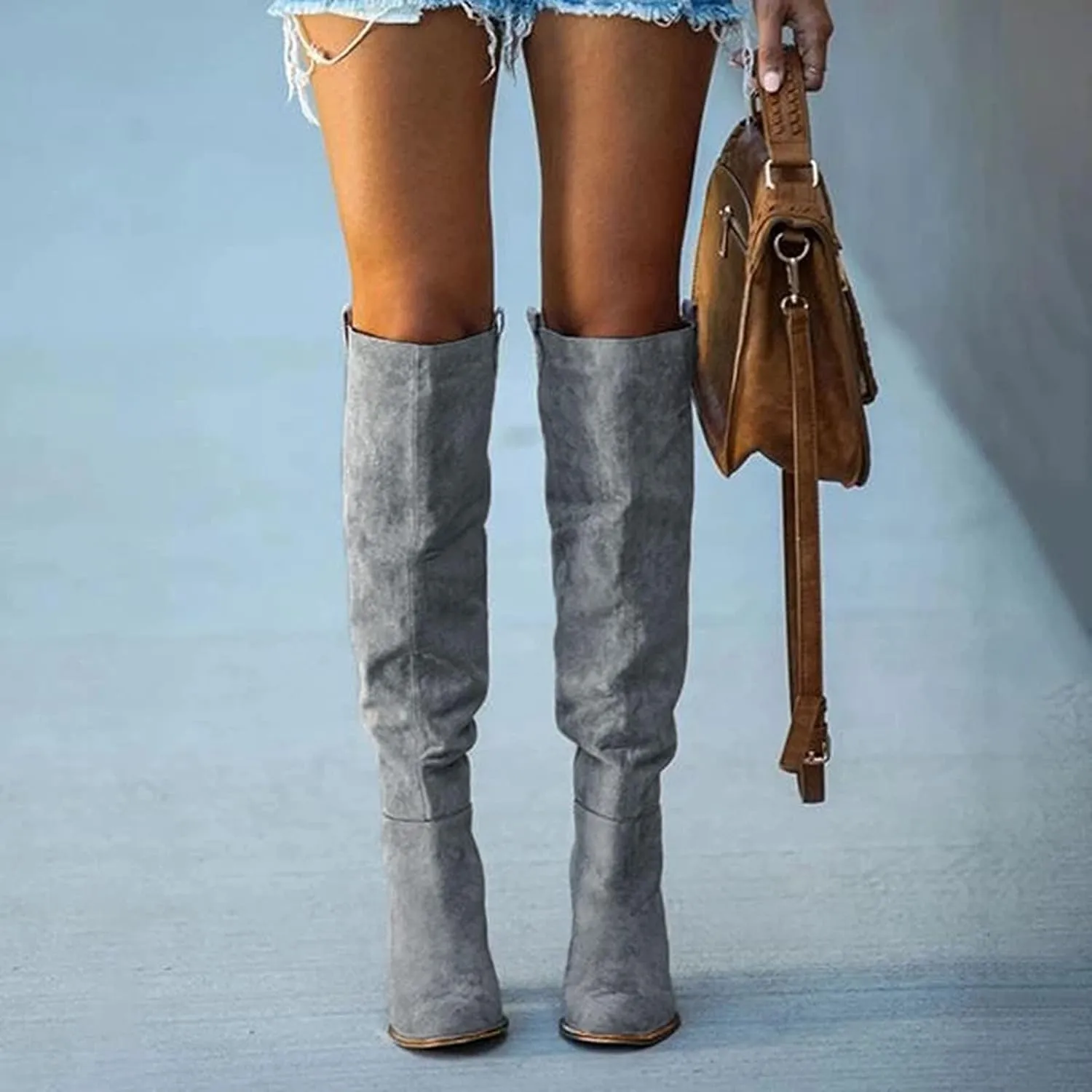 White Cowgirl Boots High Chunky Heeled Knee High Boots Pull On Pointed Suede Thigh High Boots Long Bootie