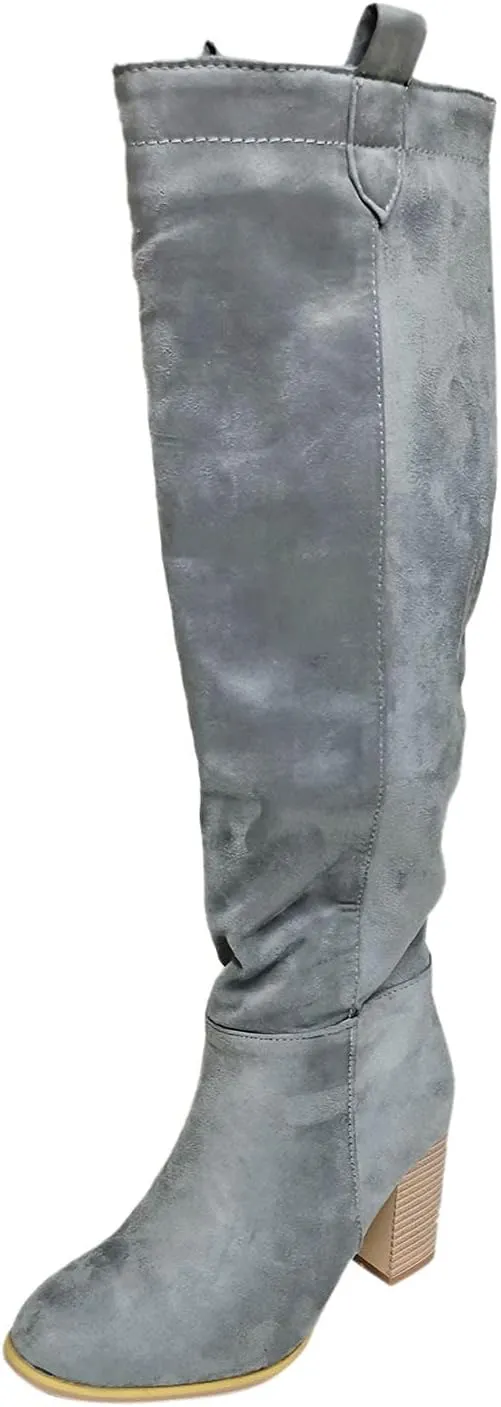 White Cowgirl Boots High Chunky Heeled Knee High Boots Pull On Pointed Suede Thigh High Boots Long Bootie