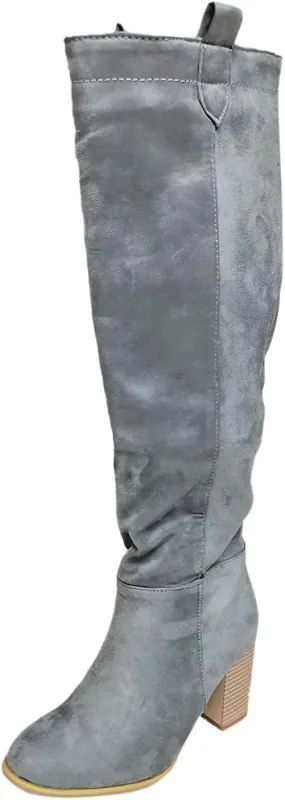 White Cowgirl Boots High Chunky Heeled Knee High Boots Pull On Pointed Suede Thigh High Boots Long Bootie