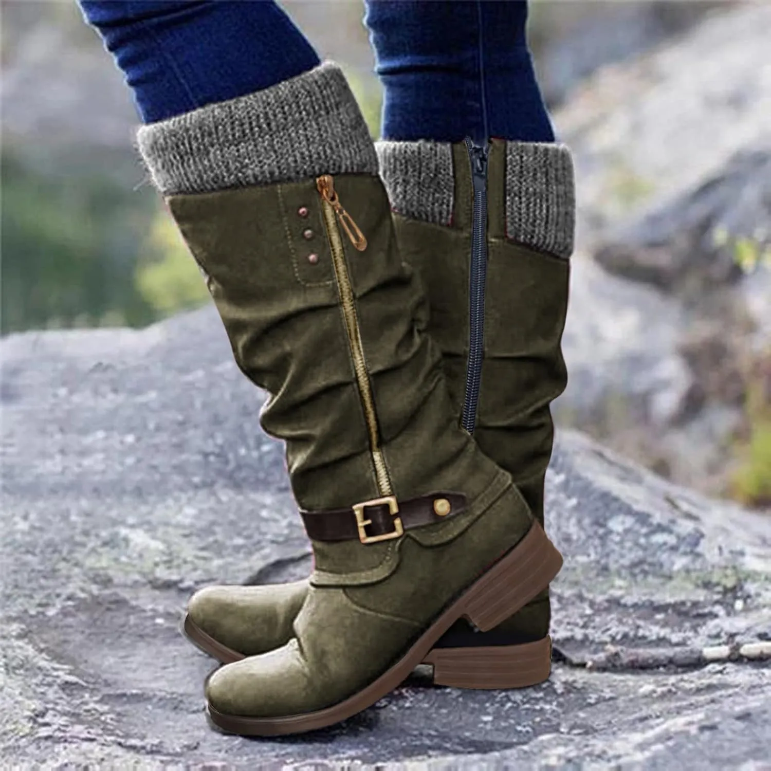 White Cowgirl Boots Suede Zipper Thigh High Boots Low Heels Knee High Boots Over Knee Tall Long Bootie