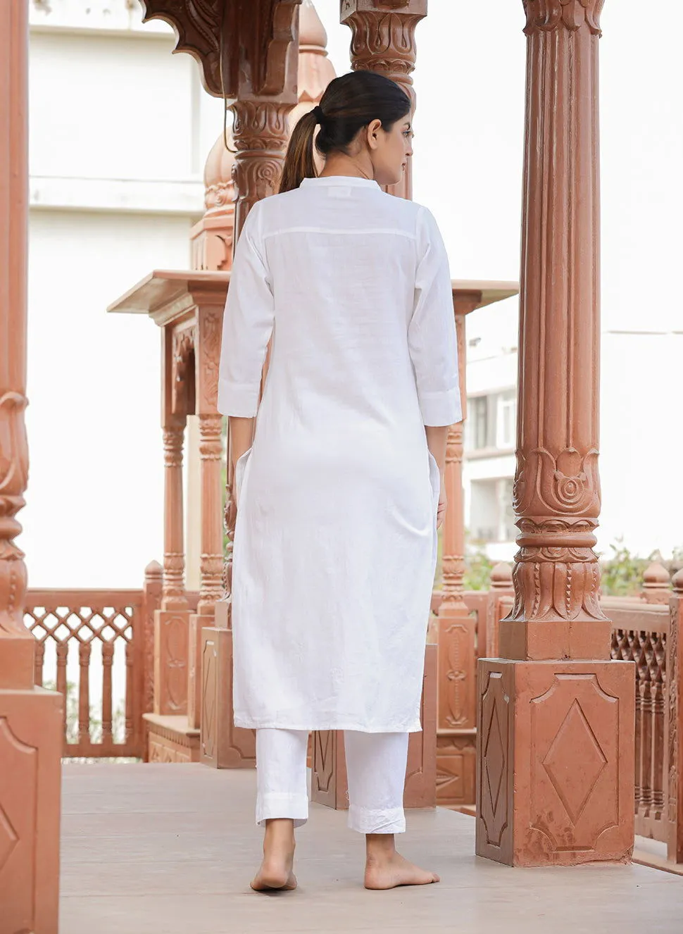 White Solid Cotton Casual Kurta Pant Set (pack of 2)