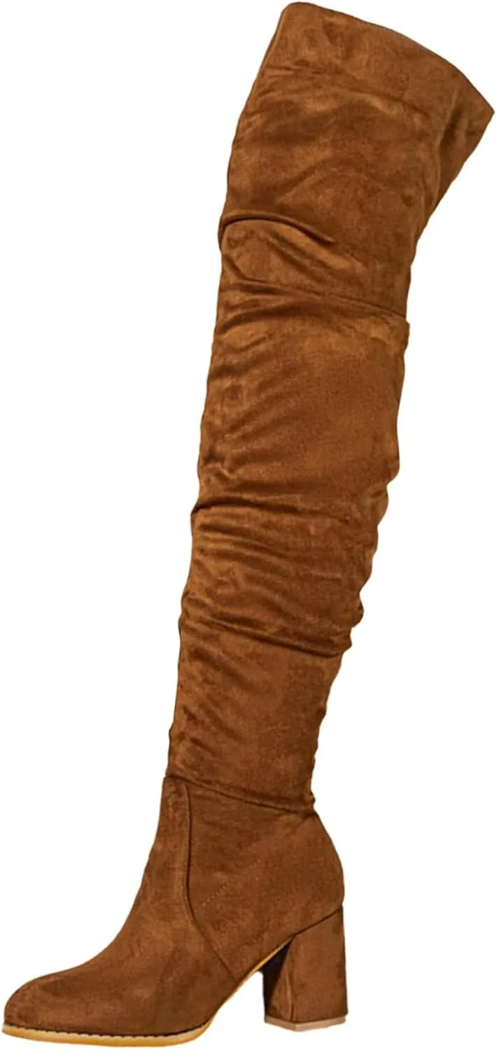 Winter Boots For Women Square Heel Over Knee Boots Suede Zipper Thigh High Boots Chunky Heeled Tall Long Boots