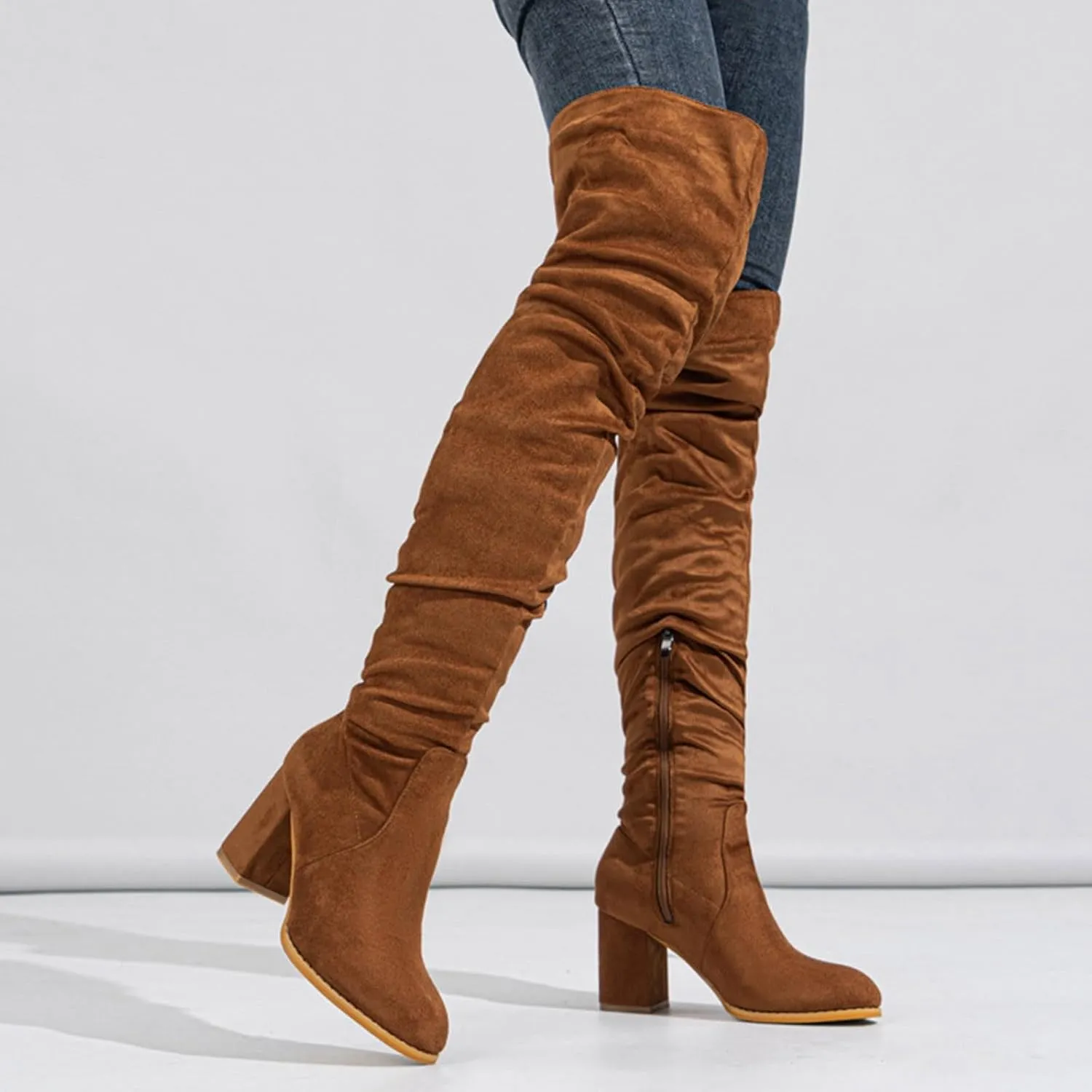 Winter Boots For Women Square Heel Over Knee Boots Suede Zipper Thigh High Boots Chunky Heeled Tall Long Boots