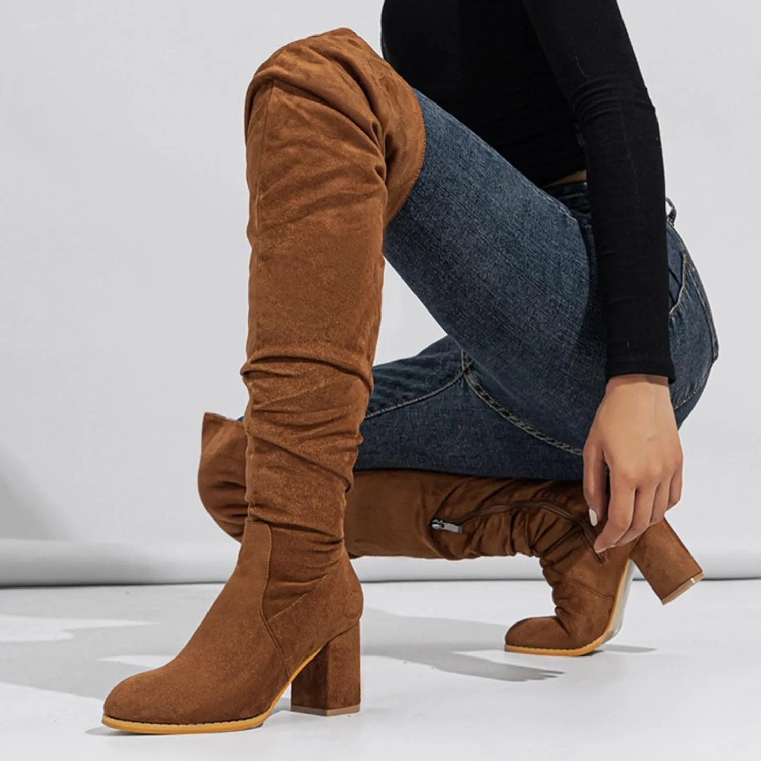 Winter Boots For Women Square Heel Over Knee Boots Suede Zipper Thigh High Boots Chunky Heeled Tall Long Boots