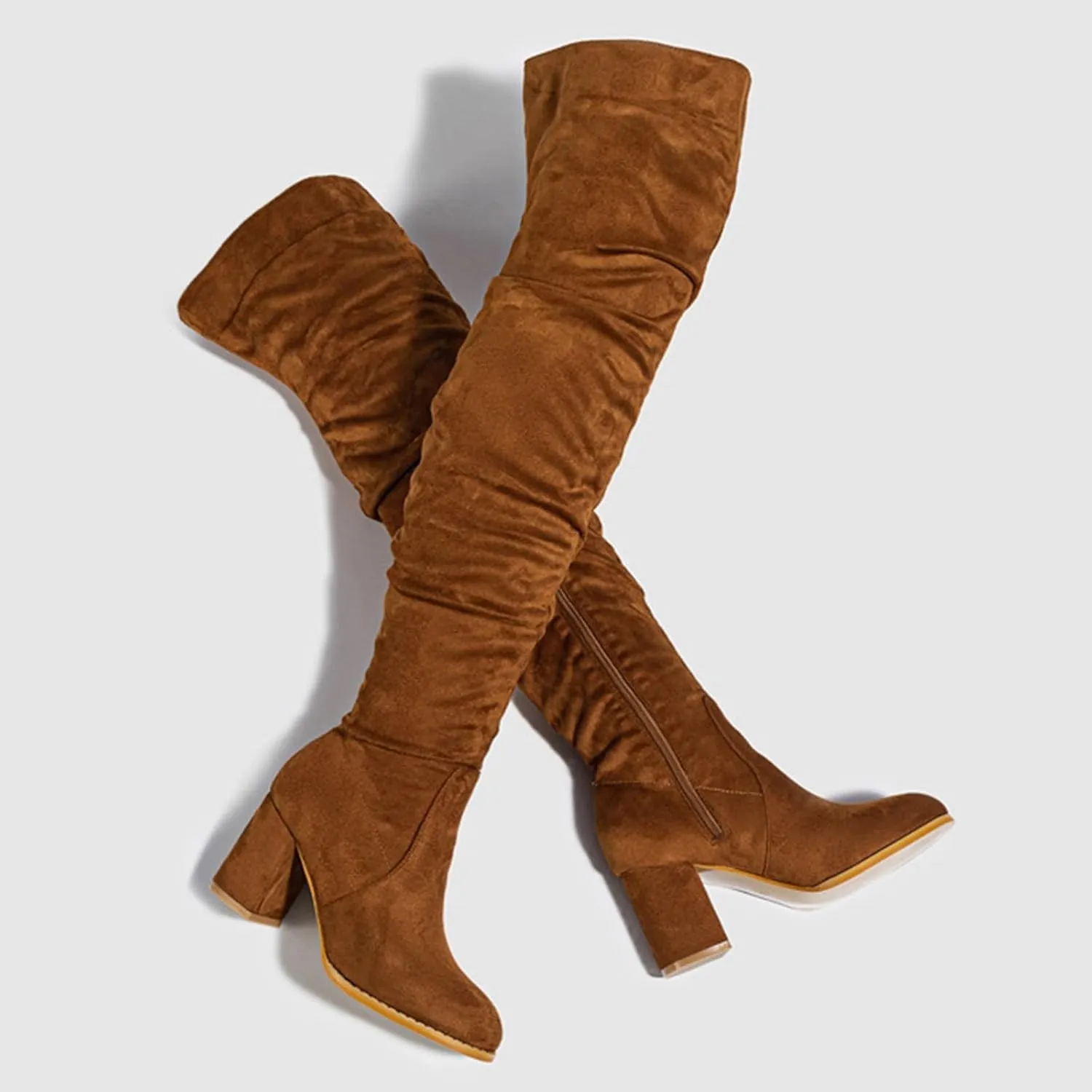 Winter Boots For Women Square Heel Over Knee Boots Suede Zipper Thigh High Boots Chunky Heeled Tall Long Boots