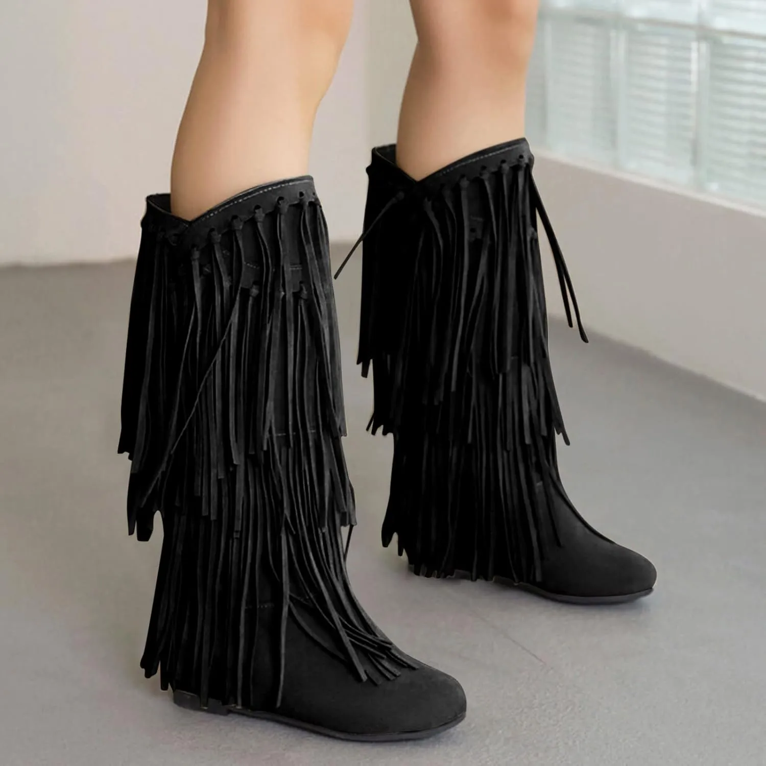 Winter Boots For Women Tassel Cowboys Thigh High Boots Suede Flat Knee High Boots Mid Calf Tall Long Bootie