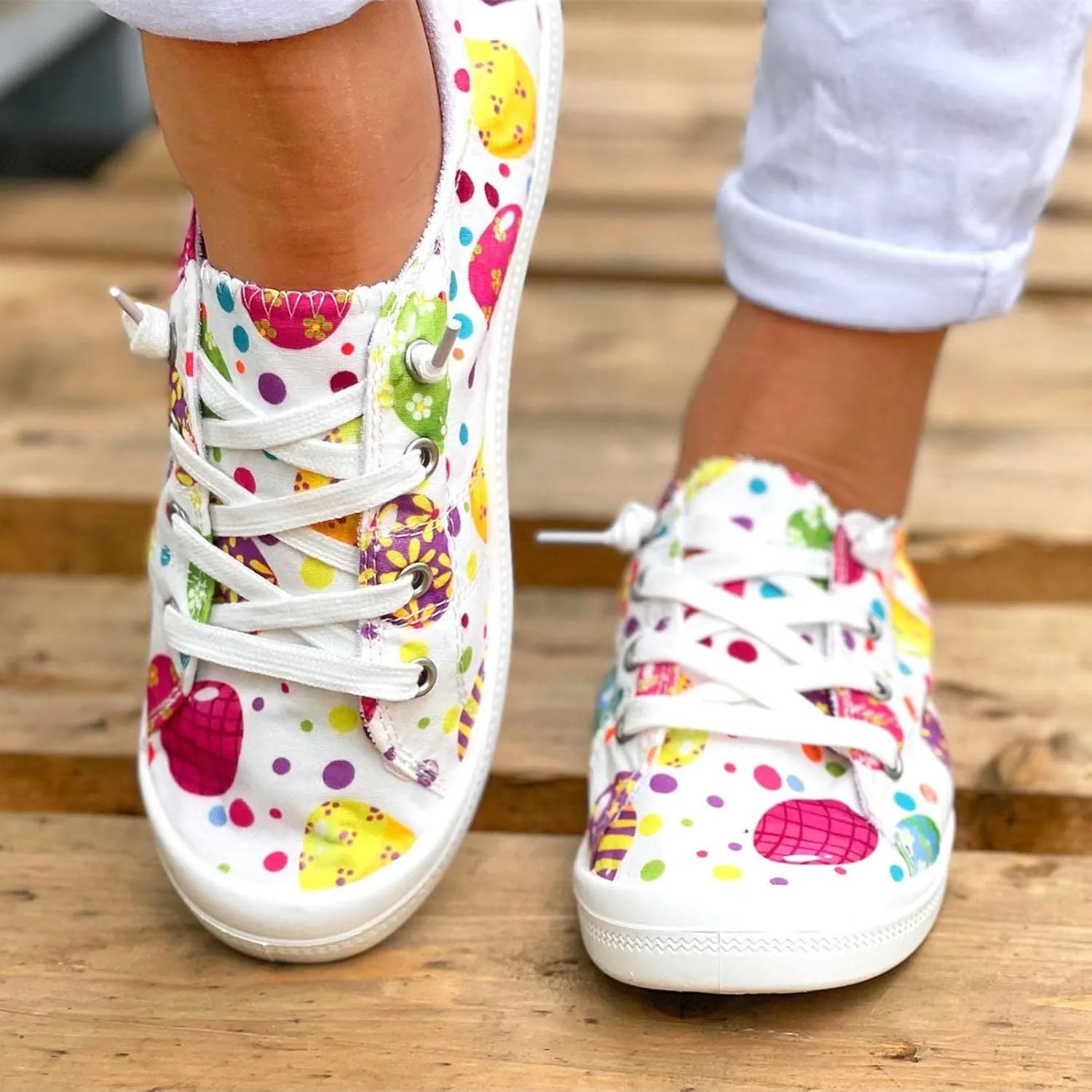 Women Fashion Casual Sneakers Canvas Lace-Up Loafers Lightweight Ladies Shoes Flat Soft Soled Comfortable Shoes Cute Slip on Wide Feet Toe Box Breathable Arch printed lace couples B84-Green
