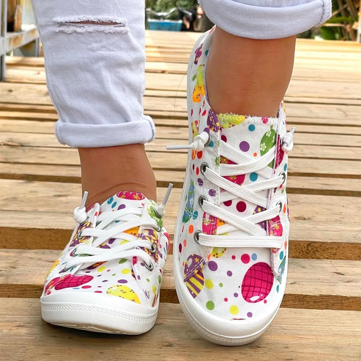 Women Fashion Casual Sneakers Canvas Lace-Up Loafers Lightweight Ladies Shoes Flat Soft Soled Comfortable Shoes Cute Slip on Wide Feet Toe Box Breathable Arch printed lace couples B84-Green
