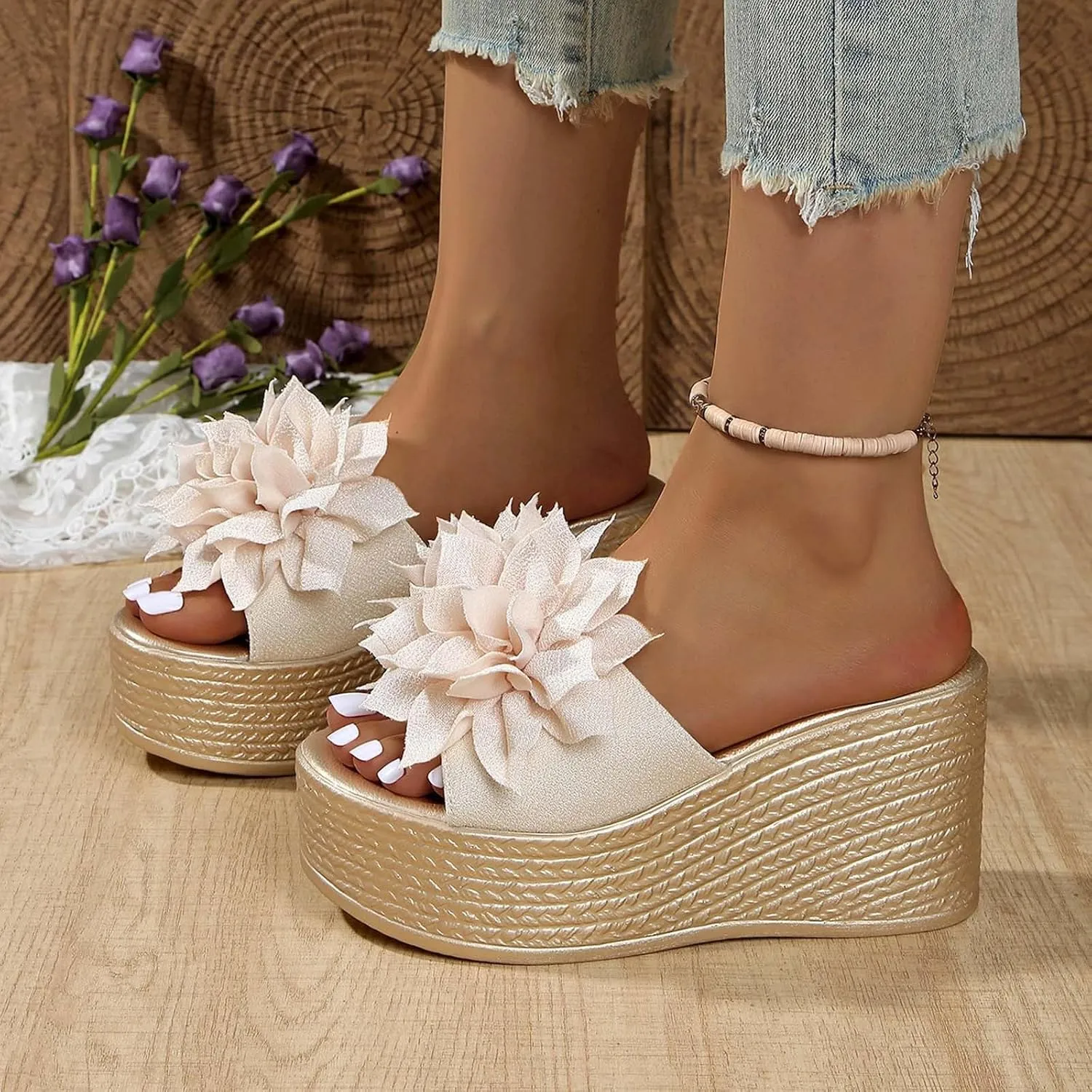 Women Summer Platform Wedge Sandals Open Toe High Heel Beach Slippers Casual Dress Ankle Strap Flip Flops Vacation Travel Fashion Comfortable Slides
