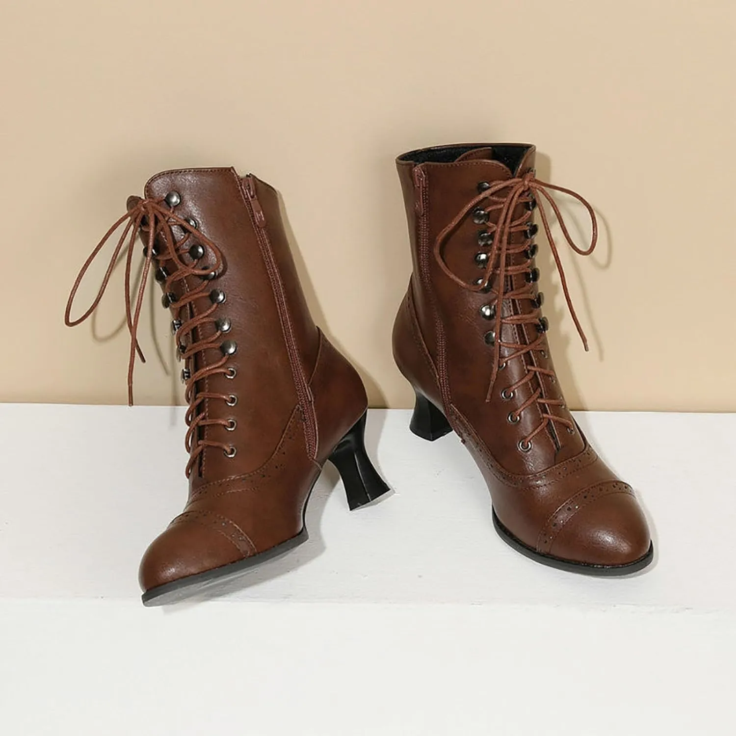 Women's Ankle Boots Vintage Kitten Heel Victorian Boots Fashion Lace Up Dance Boots Western 70s Medieval Cowboy Boots