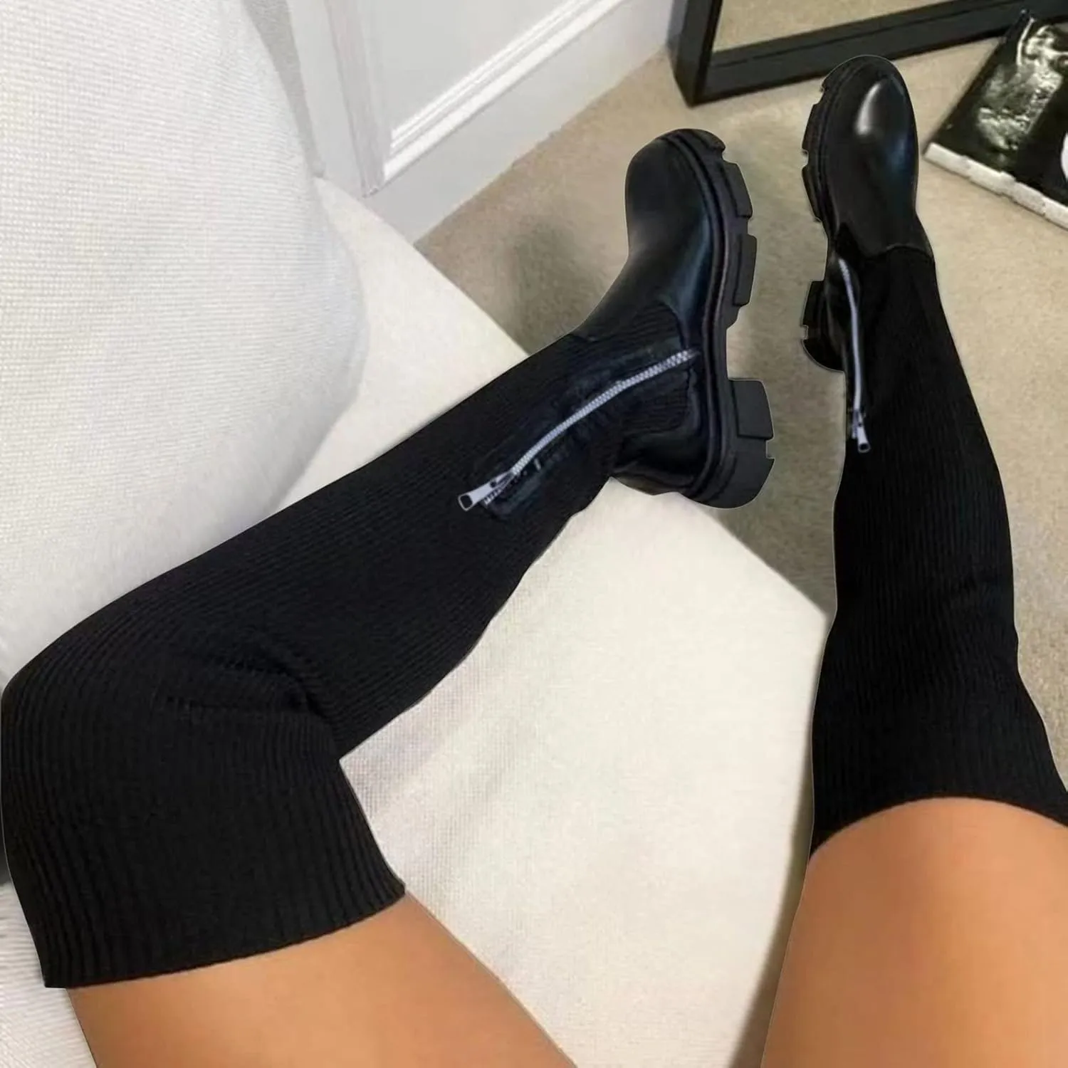 Womens Boots Lace up Mid Calf Boots High Boots Fashion Heel Stretch Squ Color Women's SSolid Over-The-Knee Ankle Boots