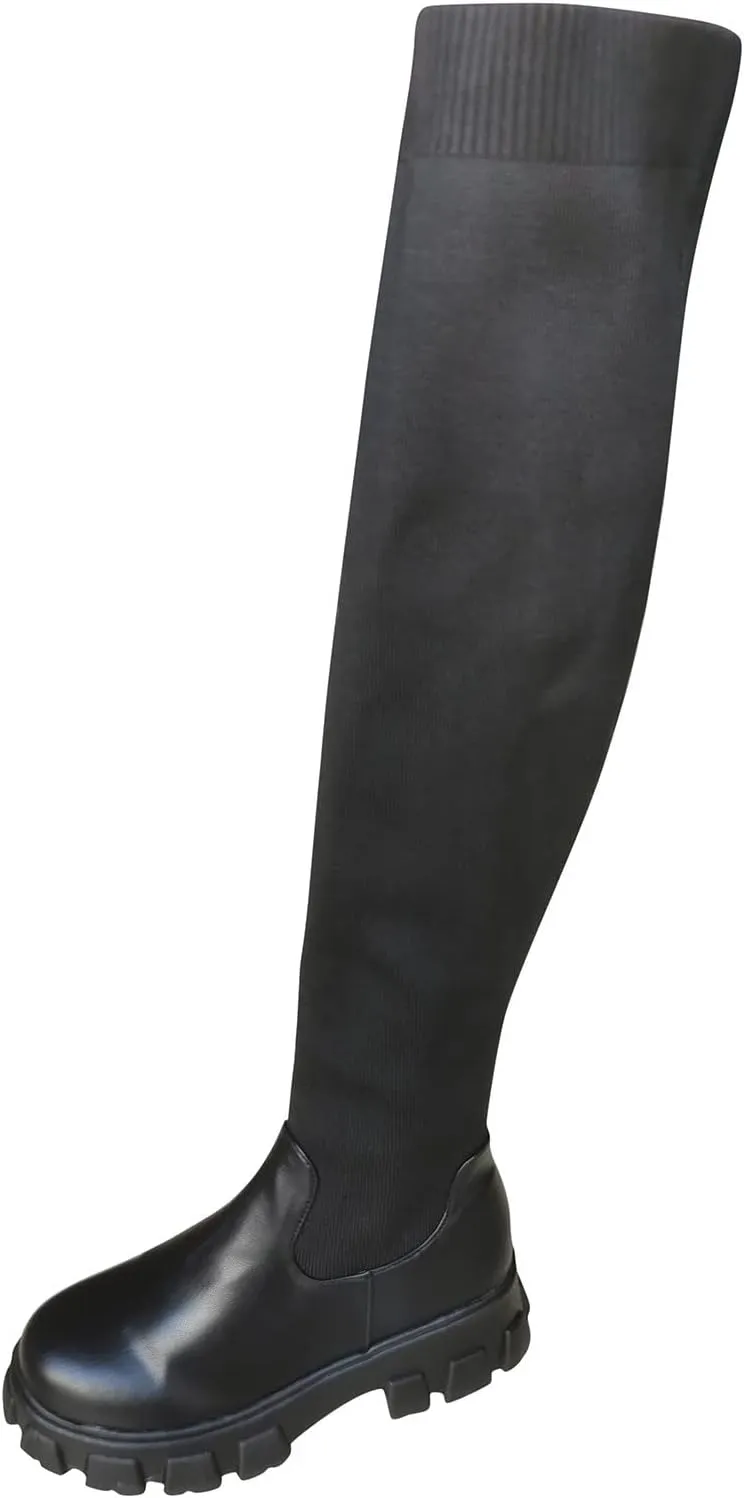 Womens Boots Lace up Mid Calf Boots High Boots Fashion Heel Stretch Squ Color Women's SSolid Over-The-Knee Ankle Boots