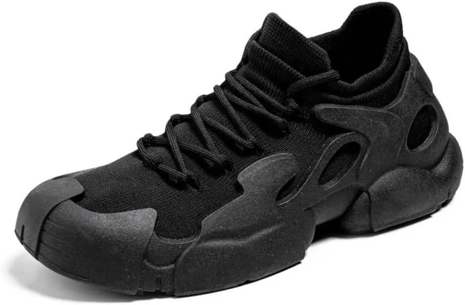 Women's Knit Mesh Sneakers Black Thick Heel Breathable Cushioned Comfort Sport Shoes for Gym Hiking
