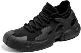 Women's Knit Mesh Sneakers Black Thick Heel Breathable Cushioned Comfort Sport Shoes for Gym Hiking