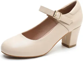 Women's Mary Jane Shoes Low Block Heel Ankle Strap Closed Round Toe Pumps Dress Wedding Office Work Church Shoes Nude Matte 38-7US