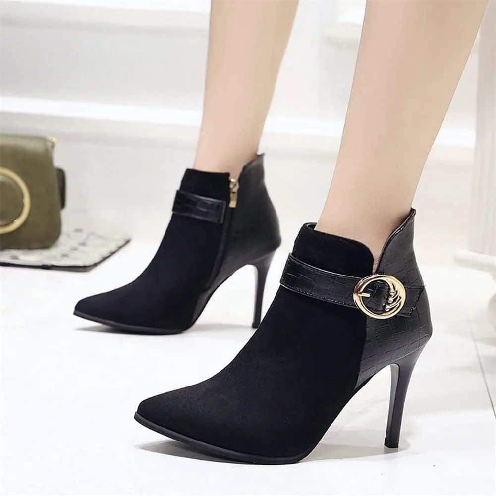 Women's Pointed Toe Stiletto High Heels Ankle Booties Suede Side Zipper Belt Buckle Chelsea Boot (Color : Black, Size : 4 US)