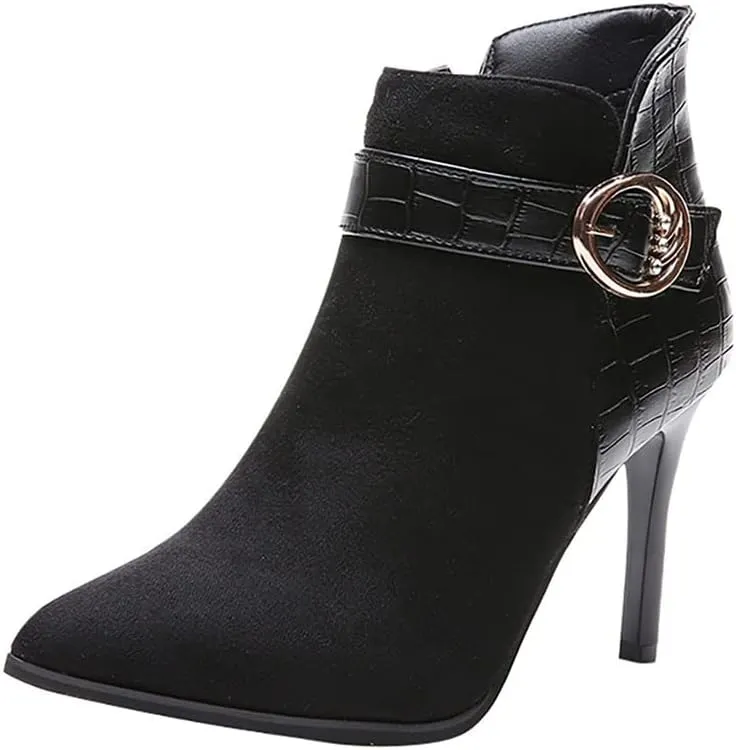 Women's Pointed Toe Stiletto High Heels Ankle Booties Suede Side Zipper Belt Buckle Chelsea Boot (Color : Black, Size : 4 US)