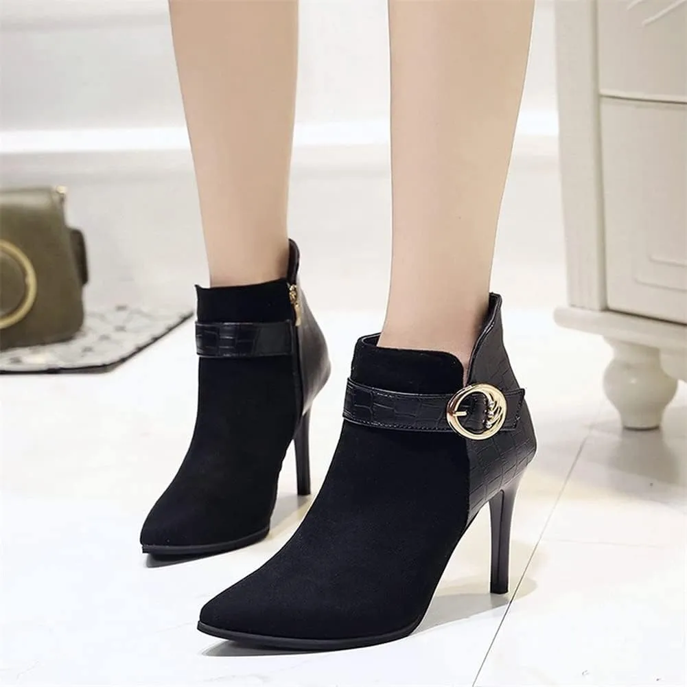 Women's Pointed Toe Stiletto High Heels Ankle Booties Suede Side Zipper Belt Buckle Chelsea Boot (Color : Black, Size : 4 US)