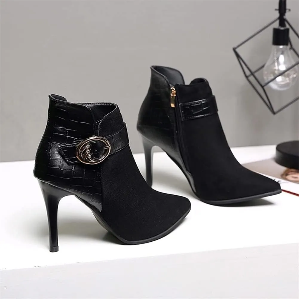 Women's Pointed Toe Stiletto High Heels Ankle Booties Suede Side Zipper Belt Buckle Chelsea Boot (Color : Black, Size : 4 US)