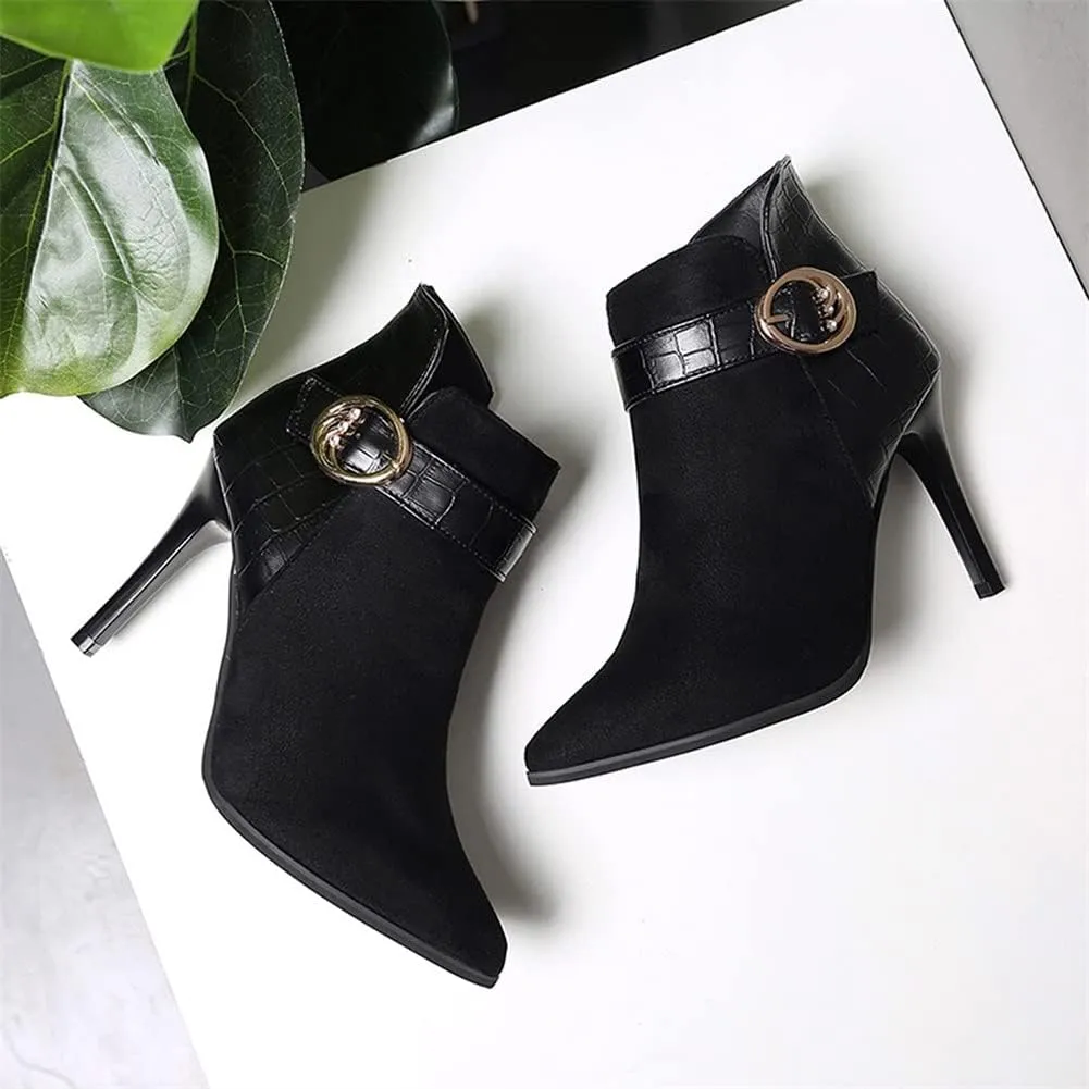 Women's Pointed Toe Stiletto High Heels Ankle Booties Suede Side Zipper Belt Buckle Chelsea Boot (Color : Black, Size : 4 US)