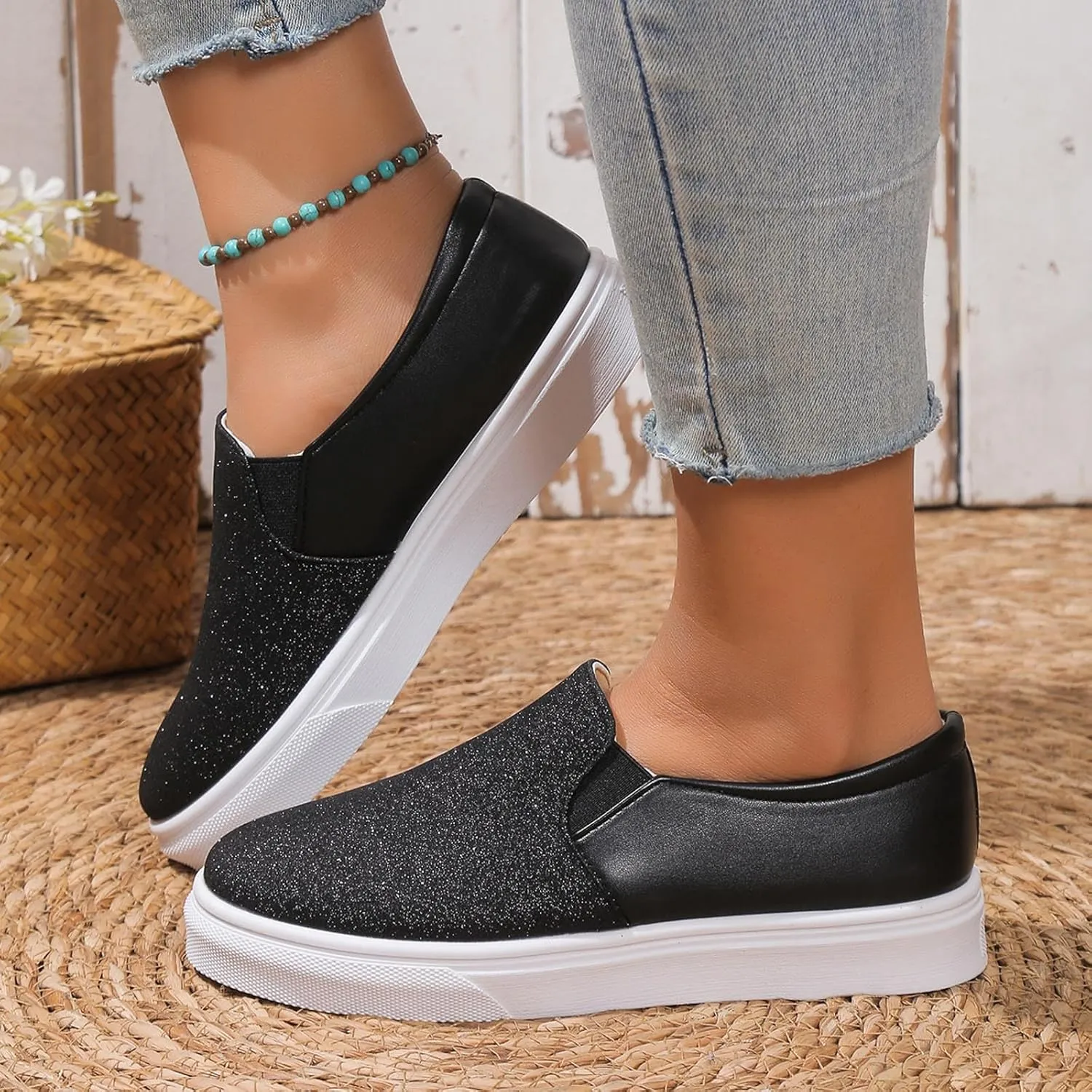 Women's Slip On Walking Shoes Flat Bottom Sequins Canvas Shoes Arch Support Orthopedic Low Top Loafer Shoes