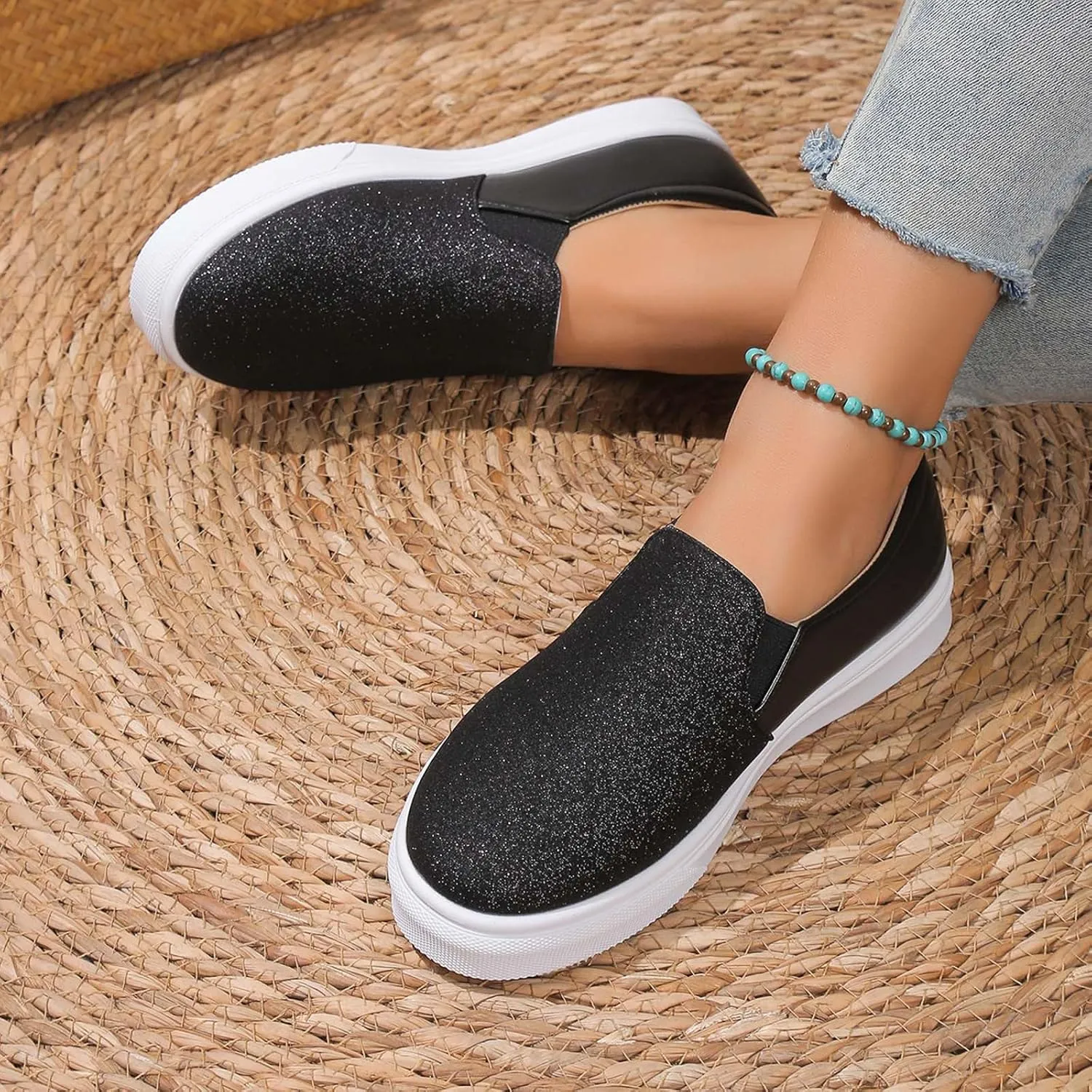 Women's Slip On Walking Shoes Flat Bottom Sequins Canvas Shoes Arch Support Orthopedic Low Top Loafer Shoes