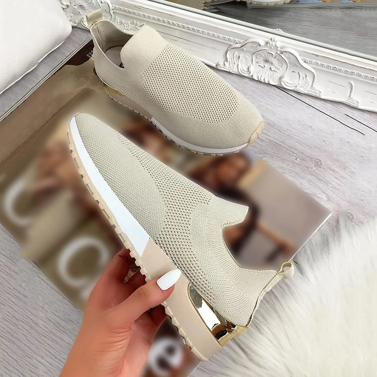 Womens Sneakers Non Slip Work Shoes Women Lightweight Breathable Knit Mesh Sock Flats Fashion Non Slip Workout Shoes for Hike Walk Yoga Dance Outdoors