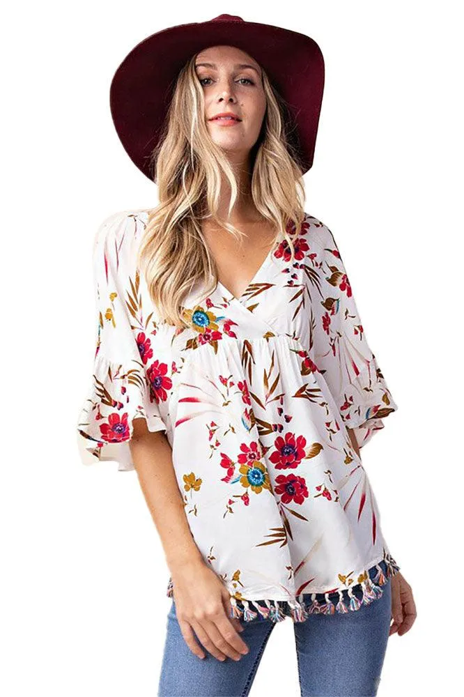 Women's Surplice Neck Multi Color Fringe Top