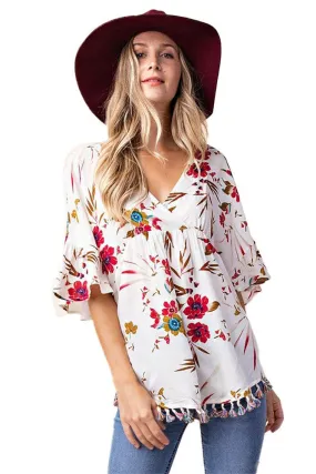 Women's Surplice Neck Multi Color Fringe Top