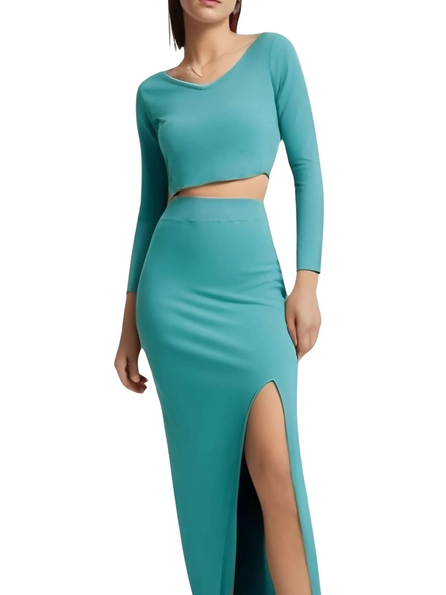 Women's Two Piece Skirt Suits Long Sleeves Knit Top   Split Long Skirt Sets
