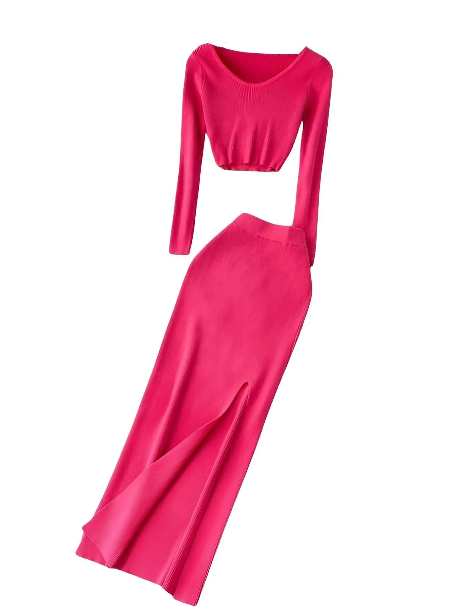 Women's Two Piece Skirt Suits Long Sleeves Knit Top   Split Long Skirt Sets