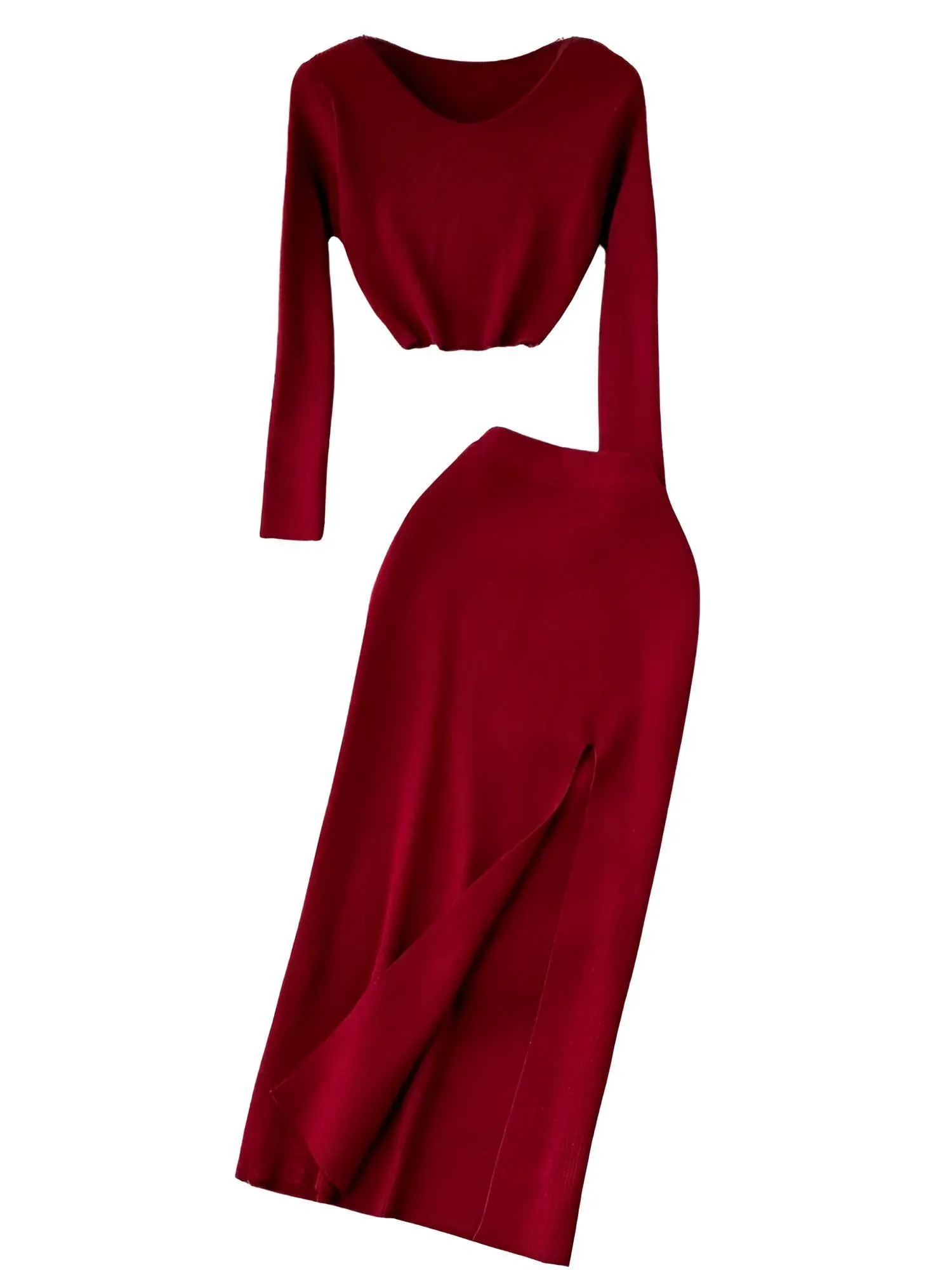 Women's Two Piece Skirt Suits Long Sleeves Knit Top   Split Long Skirt Sets