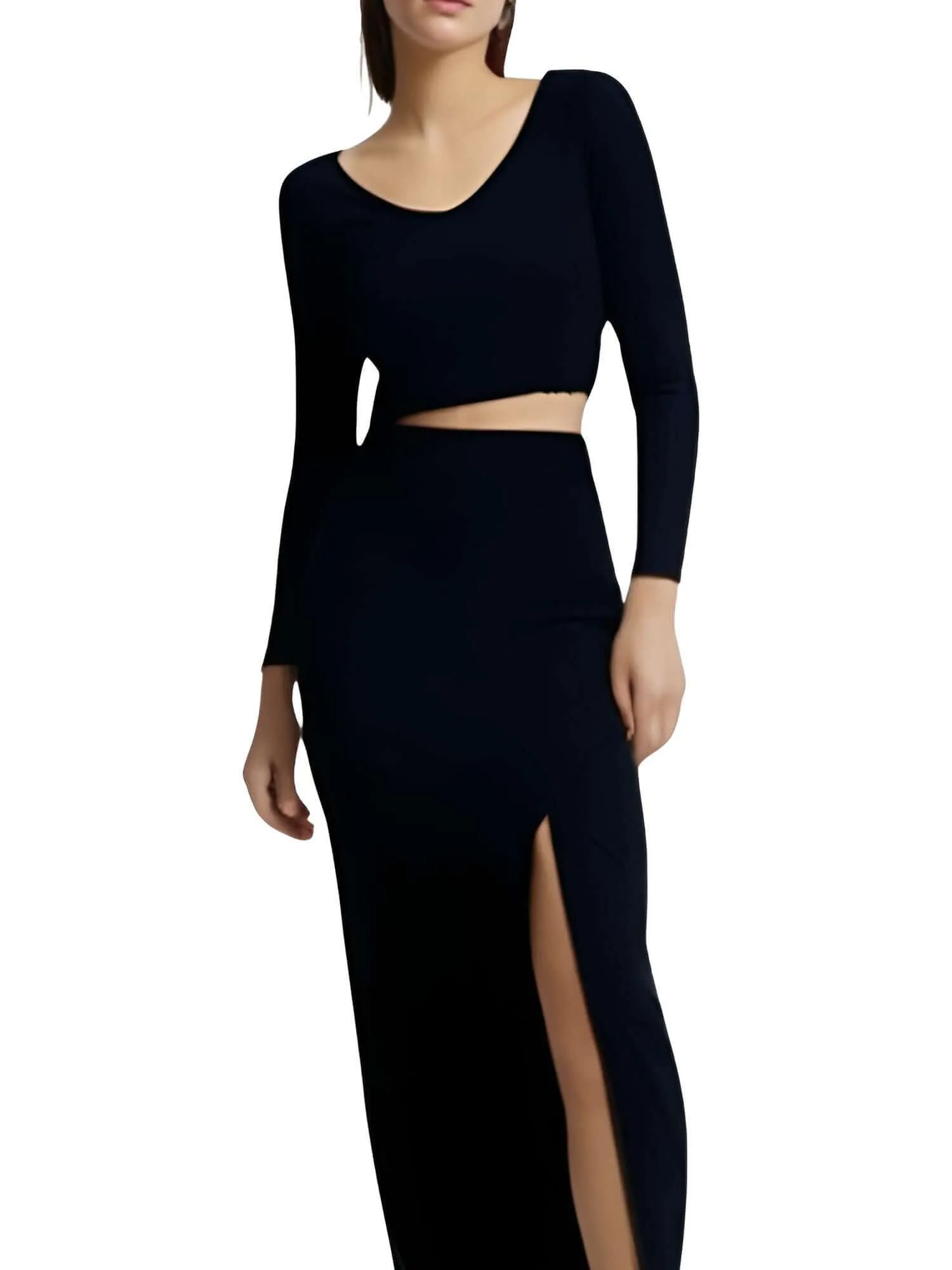 Women's Two Piece Skirt Suits Long Sleeves Knit Top   Split Long Skirt Sets